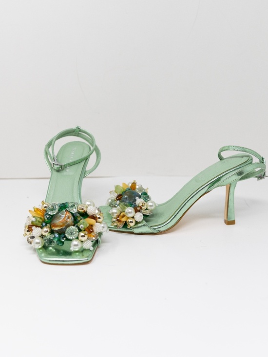Azalea Wang Shoes - NEW Azalea Wang Candela Faux Leather Pearl Crystal Embellished High Heels Mint